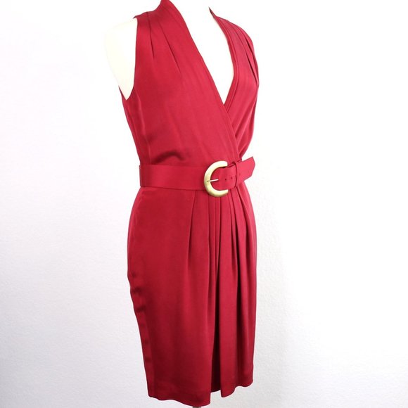 JONES NEW YORK Silk Dress Grecian V-Neck Wrap Bodice, Knee Length : Neon Red Sz - Picture 15 of 16